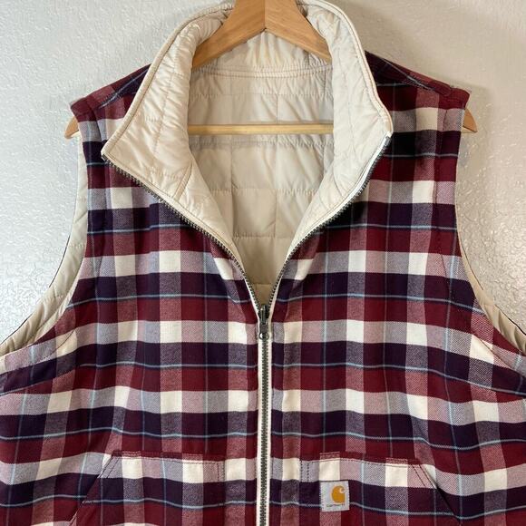 CARHARTT Mens Vest Reversible Quilted Bone/Plaid Red Burgandy Sz XL Lightweight - Picture 7 of 12